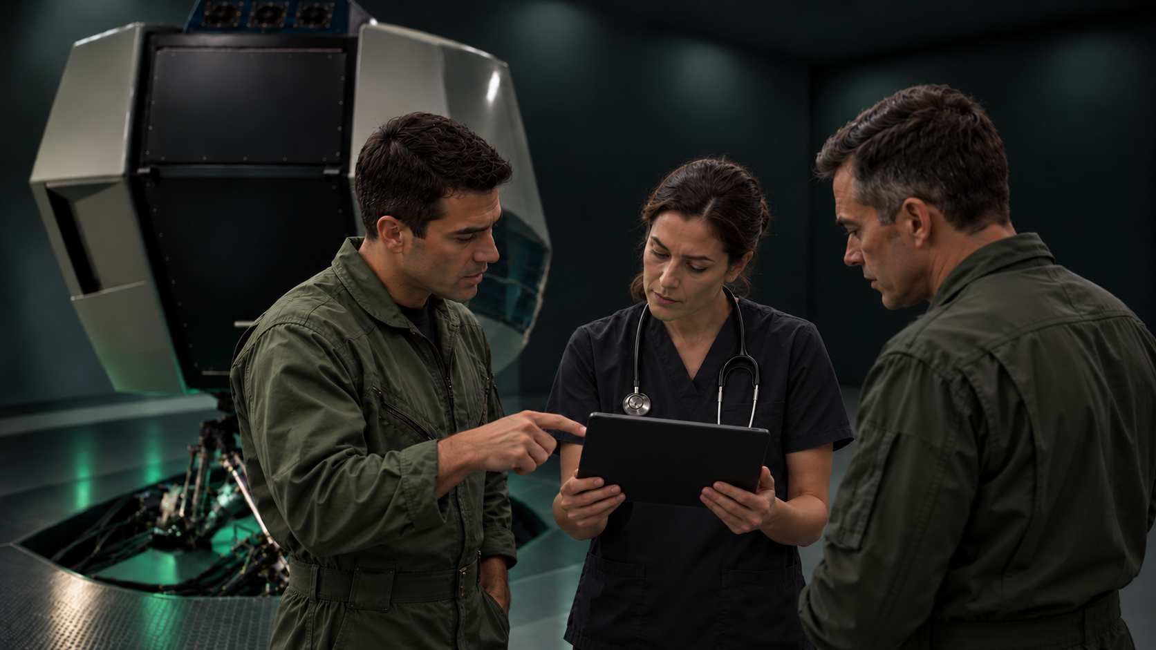 Piloto, médica e instructor revisando una sesión