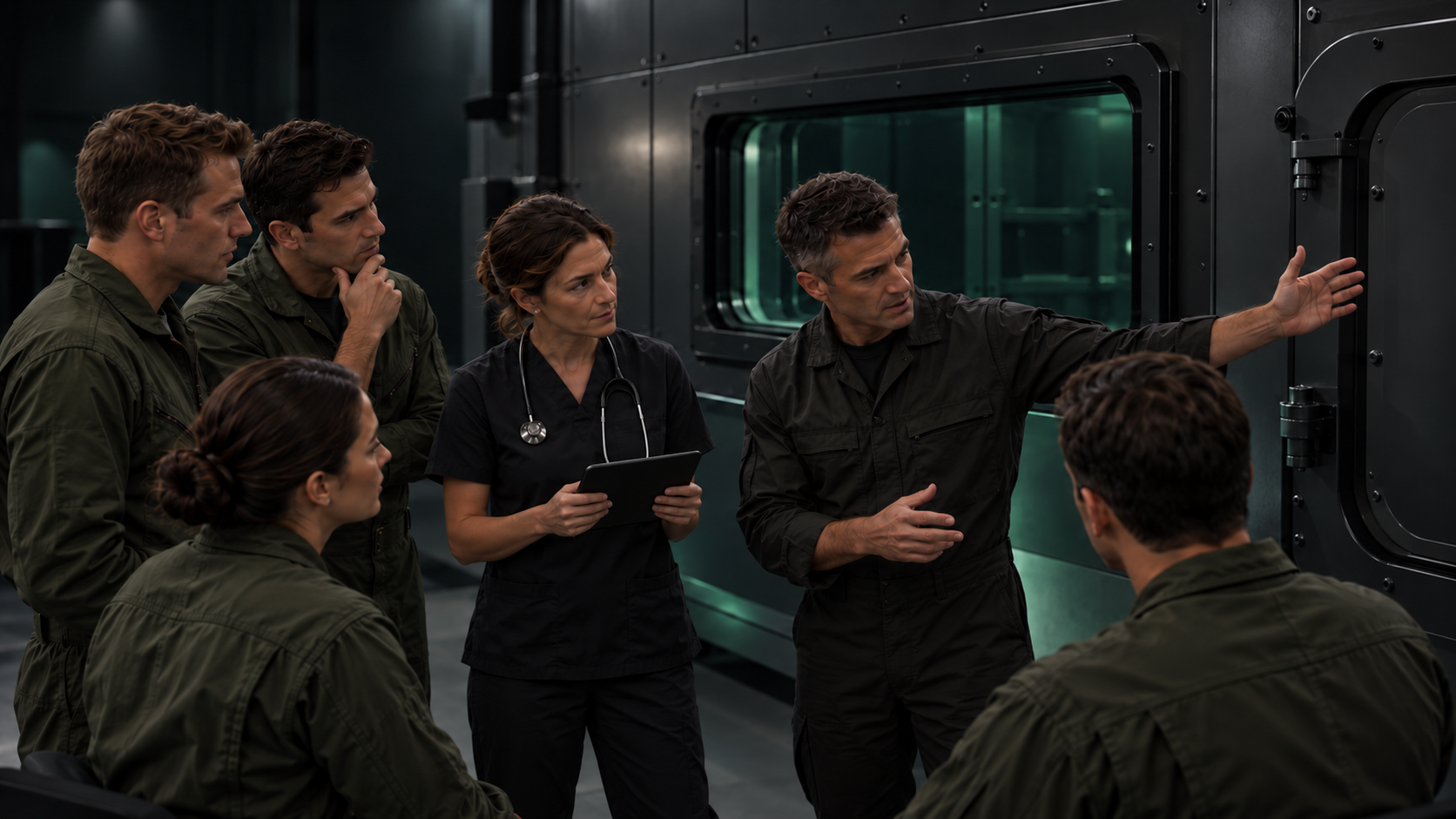 Pilotos recibiendo formación junto a la cámara hipobárica