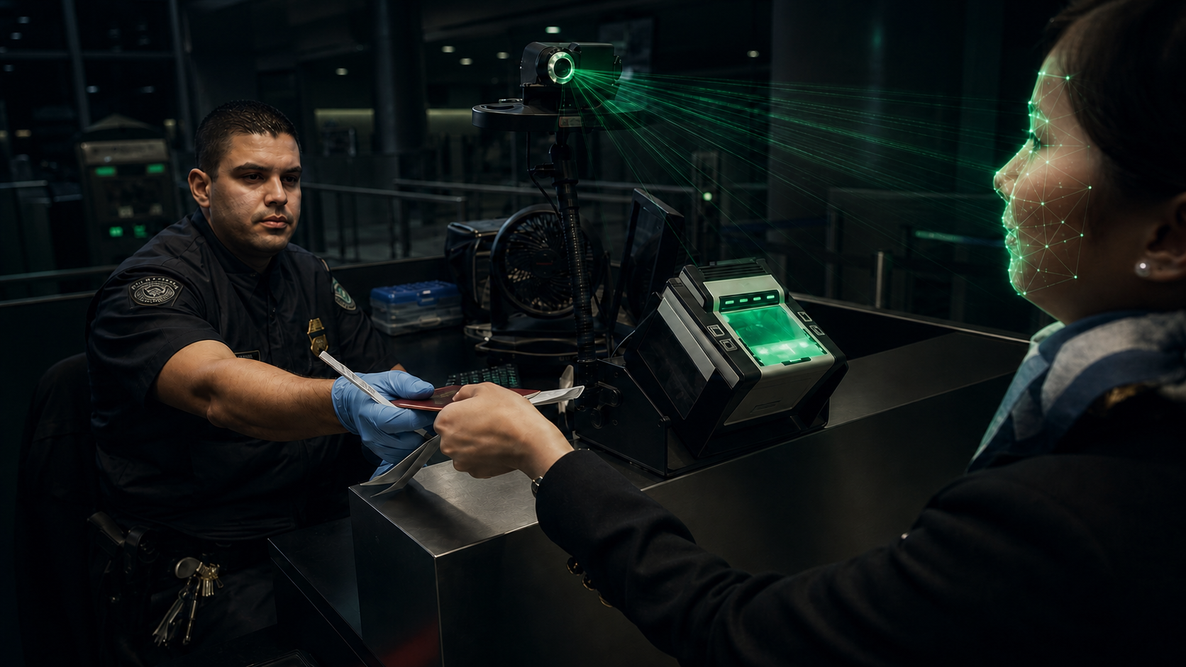 Viajera monitorizada biométricamente durante un control fronterizo