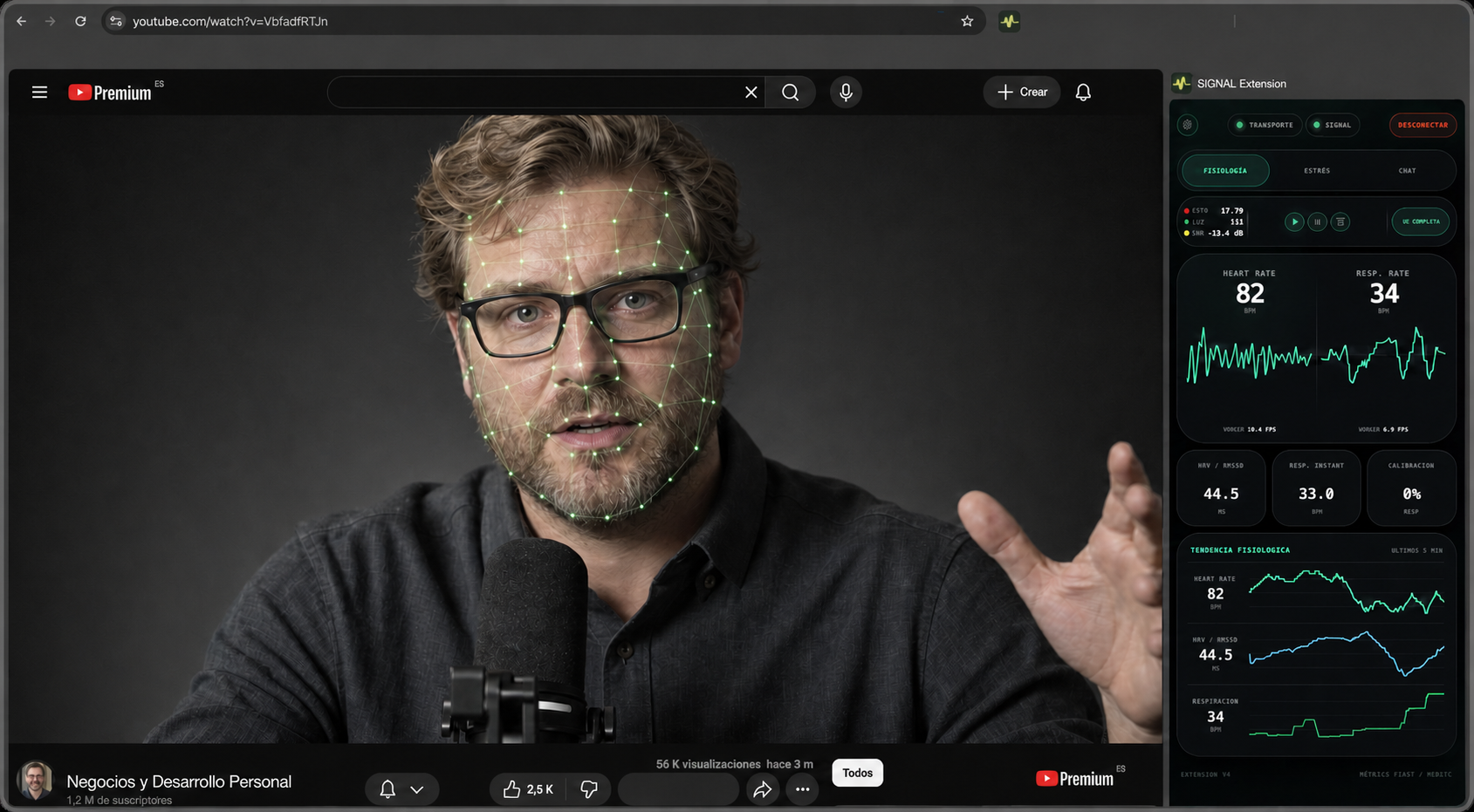 Extensión SIGNAL monitorizando en tiempo real la respuesta biométrica durante un vídeo
