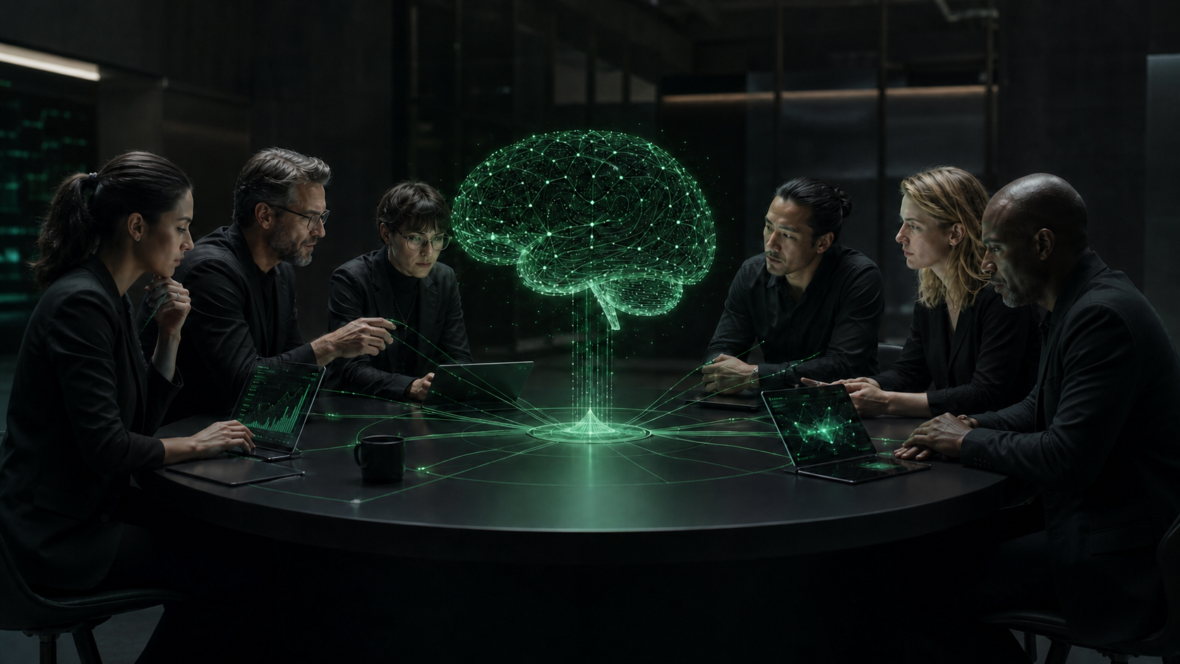 Equipo multidisciplinar de SIGNAL trabajando alrededor de un cerebro colectivo representado con datos