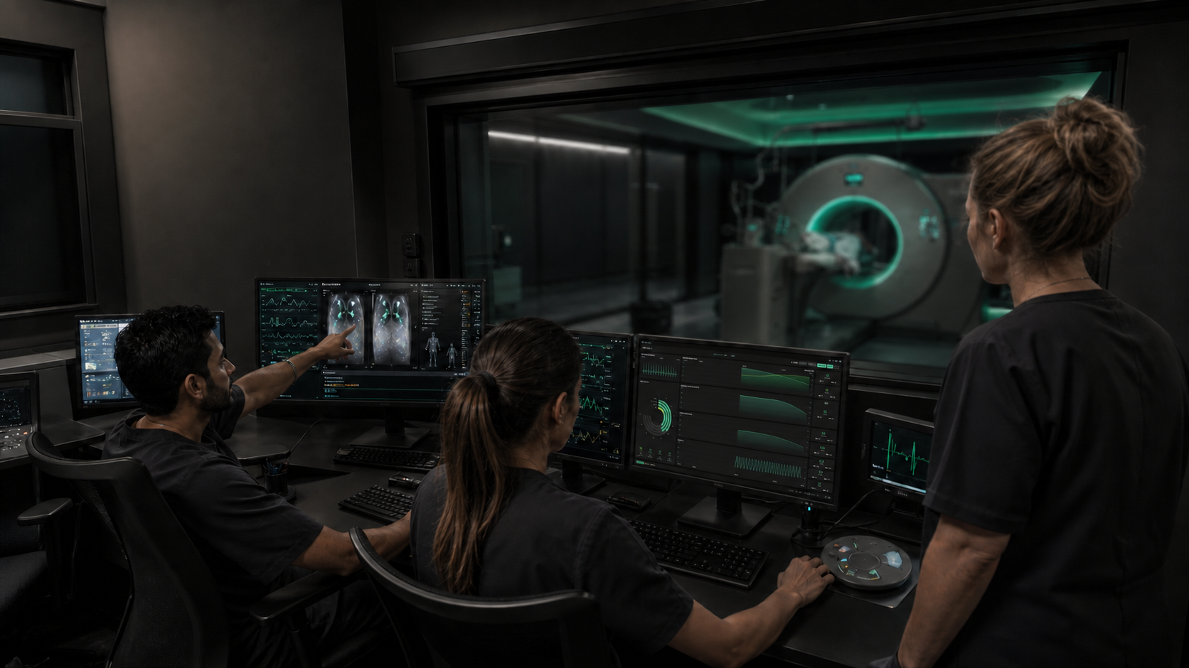Equipo clínico monitorizando a un paciente durante una exploración PET